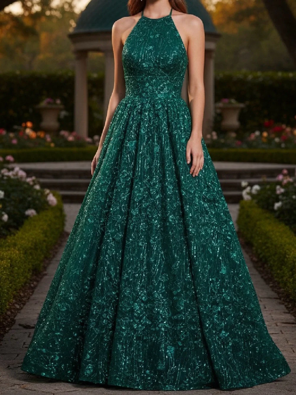 Sherri Hill Green Halter Sequin Ball Gown